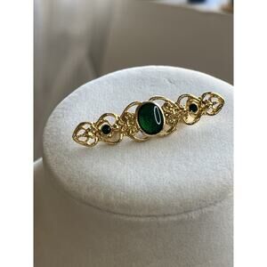 Vintage Gold Tone Bar Brooch Green Enamel Filagree 2”